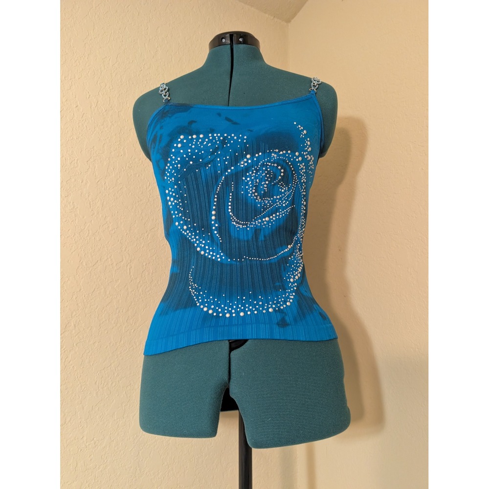 M.U.S. Blue Rose Rhinestone Pearl Ribbed Cami Tank Top‎ Y2K One Size T08